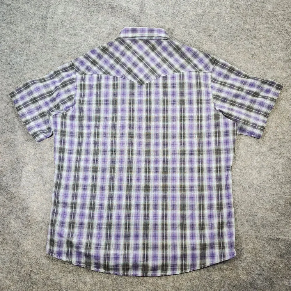Wrangler Shirt Men XL Western Fashion Pearl Snap Purple Plaid Short‎ Sleeve